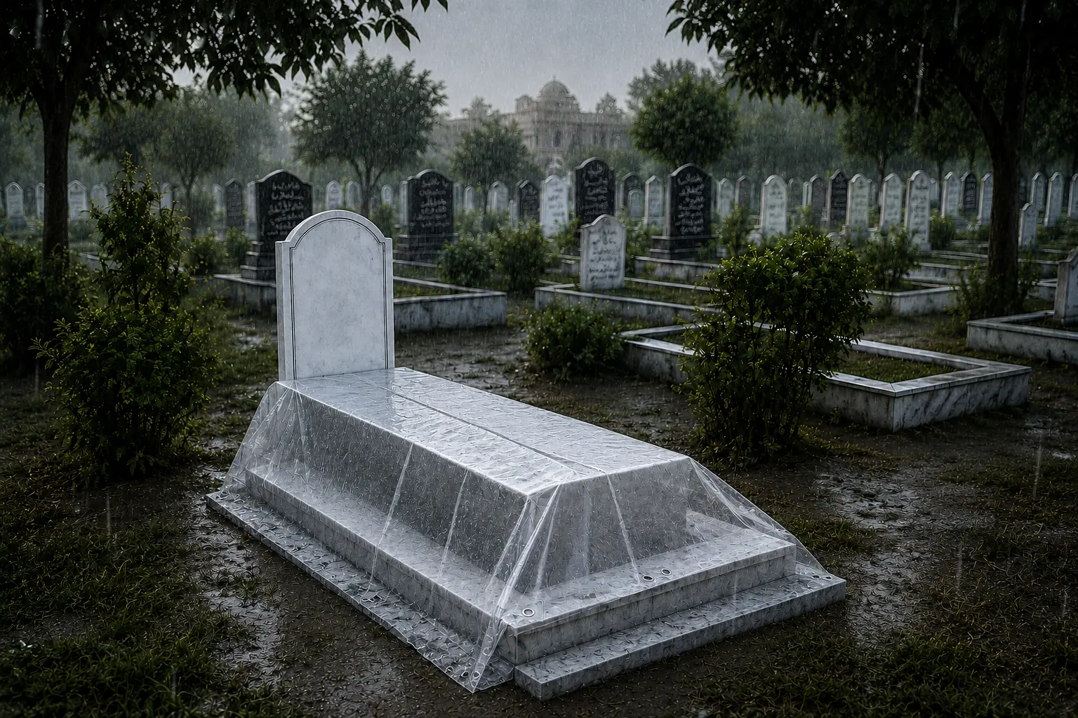 Rain Cover Placement — Qabar Safai grave care service